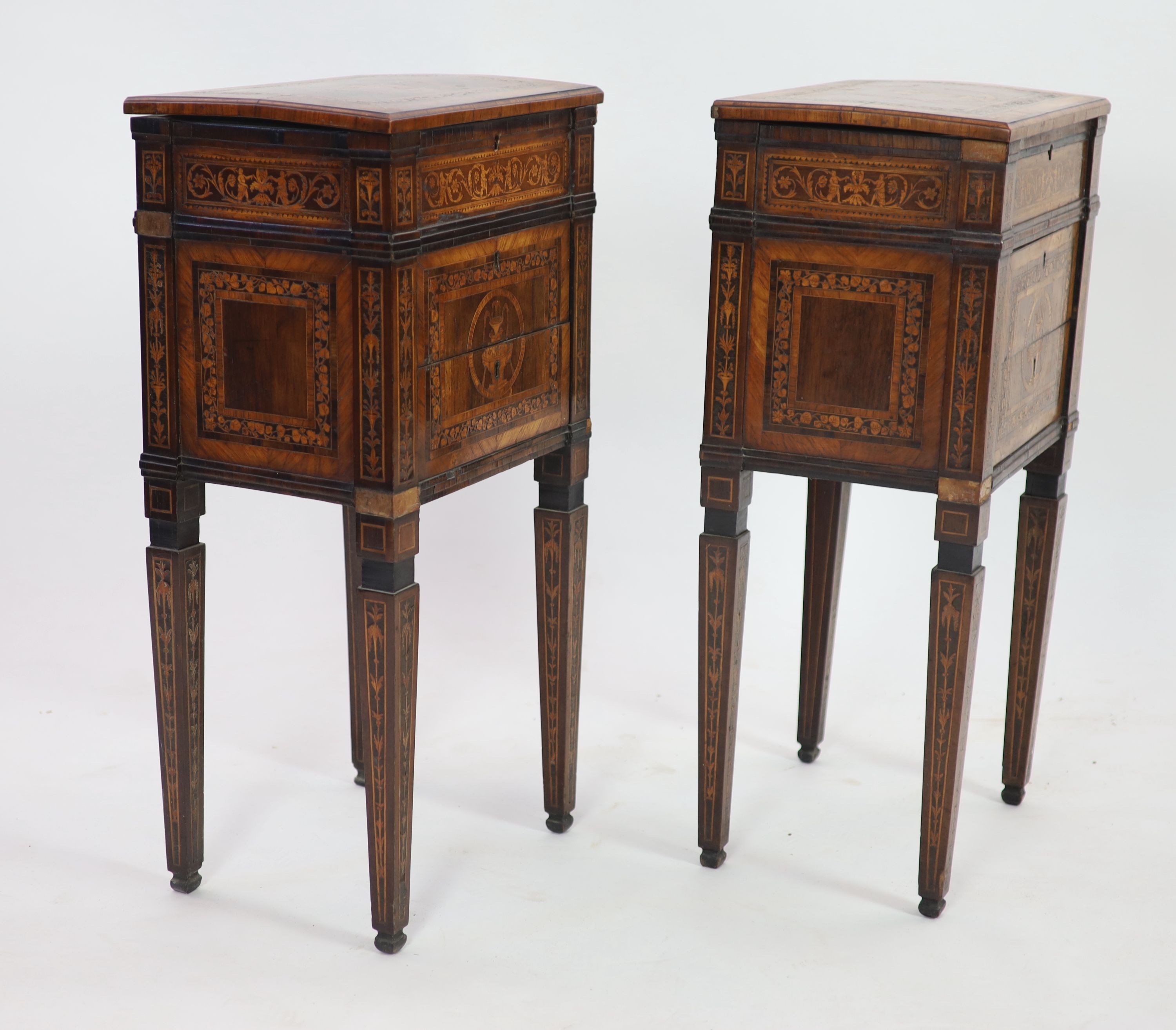 A pair of 18th century Italian Milanese walnut and marquetry neo-classical 'Comodini' in the manner of Giuseppe Maggiolini, W 41cm D 31cm H 81cm